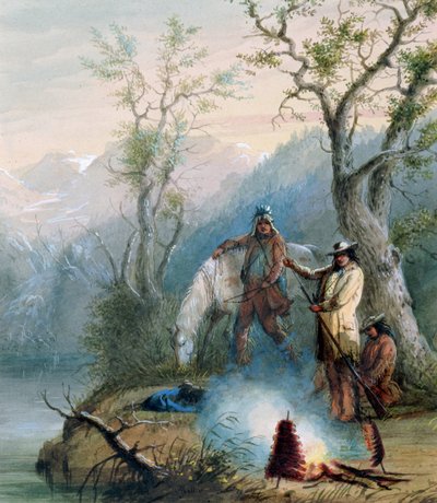 Roasting the Hump Rib, 1837 (wc förhöjd med vitt på papper) av Alfred Jacob Miller