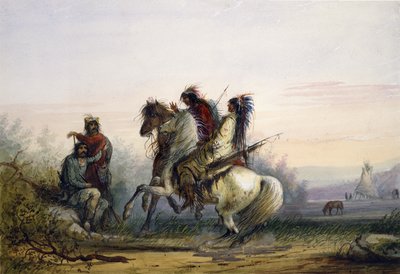 Pälsjägare och indianer kommunicerar med tecken av Alfred Jacob Miller