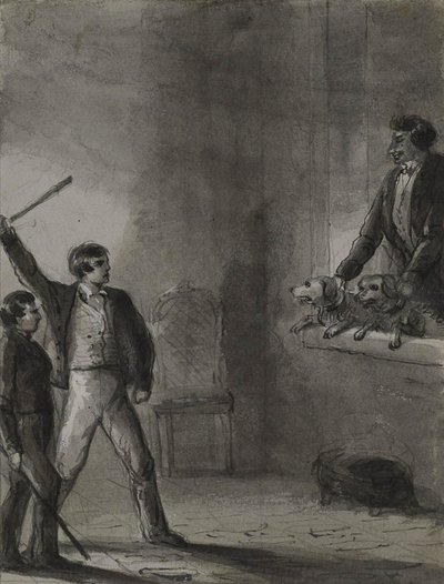 Två pojkar med upplyfta käppar medan en man och hundar tittar ut genom ett fönster av Alfred Jacob Miller