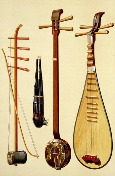 En huqin och pilbåge, en sheng, en sanxian och en pipa, kinesiska instrument från 