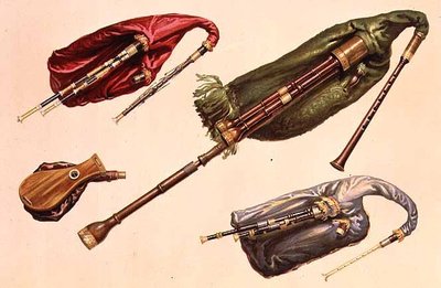 Säckpipor (LtoR): Grön, skotsk lågland, röd och Northumbrian, från 