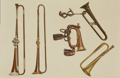 Kavalleritrumpet, en bugel, en förgylld trumpet gjord av John Harris c.1730, en trumpet och en silvermonterad trumpet av William Ball c.1680, från 