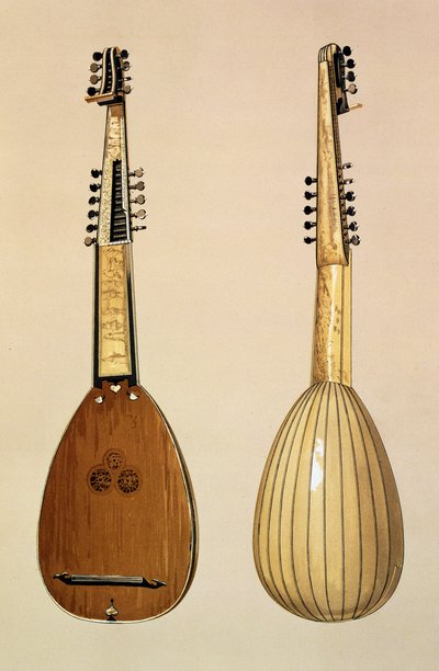 Teorbo, tillverkad av Giovanni Krebar, Padua, 1629, från "Musical Instruments" av (färgad litografi) av Alfred James Hipkins