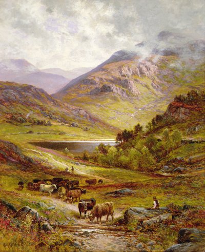 Longhorn-boskap i ett bergigt landskap av Alfred Jr. Glendening
