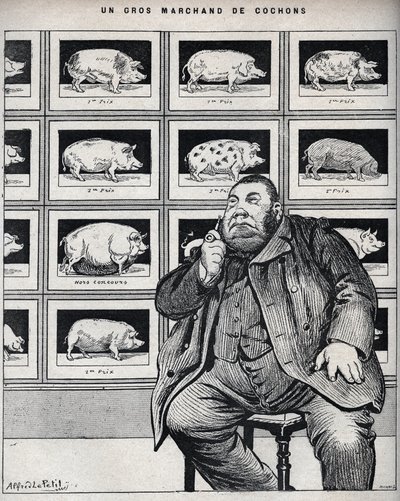 En stor grishandlare - Tecknad film i "Le Cochon, souvenirer från Normandie" 1898 av Alfred Le Petit