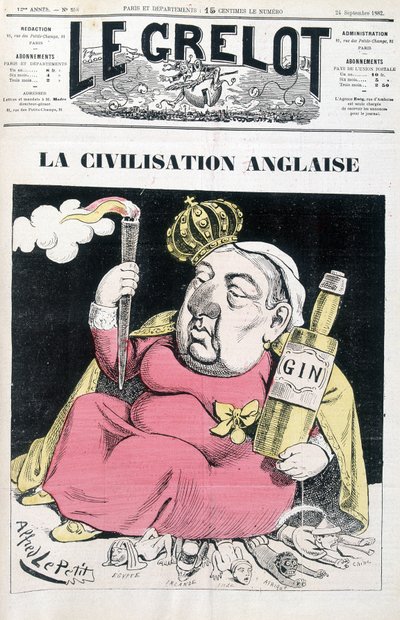 Engelsk civilisation: Victoria, en flaska gin i handen, sittande på Egypten, Irland, Indien, Afrika och Kina - av Alfred Le Petitty, i "" Le Grelot"" från 1882-09-24 av Alfred Le Petit