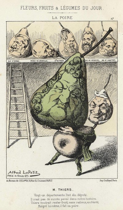 La Peire: Tecknad film om Thiers - ill. från 14/02/1871 av Alfred Le Petitty, i "Dagens blommor, frukter och grönsaker"". av Alfred Le Petit