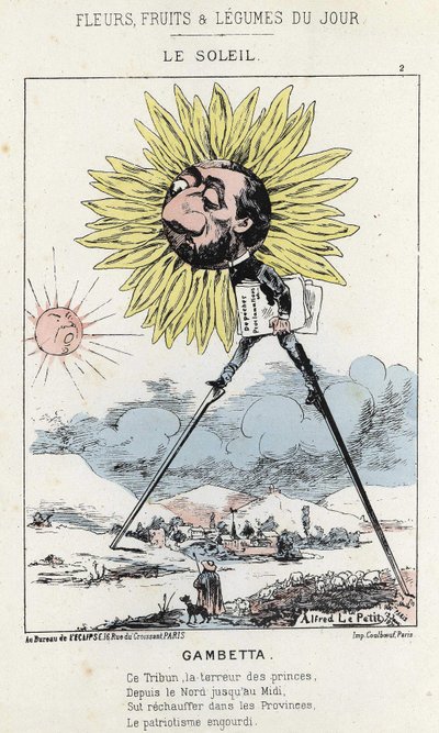 Le Soleil (solros): karikatyr på Gambetta (1838 - 1882) - ill. från 1871-01-12 i "Dagens blommor, frukter och grönsaker" av Alfred Le Petit