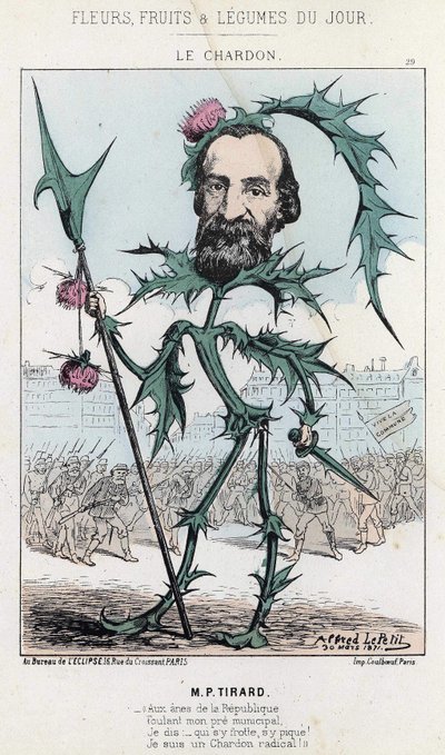 Le Thistle: karikatyr om P. Tirard - ill. från 1871-03-30 "Dagens blommor, frukter och grönsaker" av Alfred Le Petit