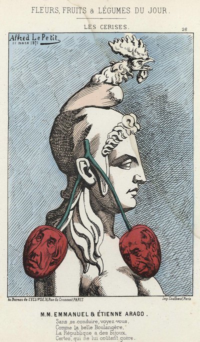 Les Cherry: karikatyr på MM Emmanuel och Etienne Arago - ill. av 1871-03-11 i "Dagens blommor, frukter och grönsaker" av Alfred Le Petit