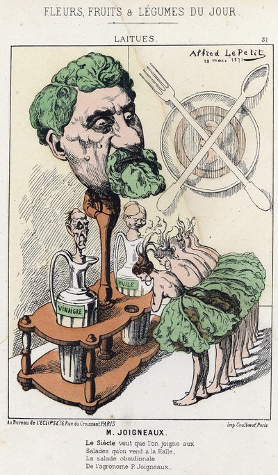 Sallad: karikatyr på Joigneaux - ill. från 1871-03-18, i "Blommor, frukter och grönsaker du Jour" av Alfred Le Petit