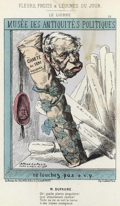 Murgrönan: Tecknad film om Jules Armand (Jules-Armand) Dufaure (1798-1881) i murgröna som omger en pappersrulle med "Charter of 1830" skrivet på den och ett sigill med huvudet på kung Louis Philippe 1:a. - sjuk. av 04/03/1871 i ” Blommor, frukter och gröns av Alfred Le Petit