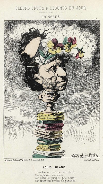 Tankar: Tecknad film om Louis Blanc - ill. från 1871-02-04 i "Dagens blommor, frukter och grönsaker" av Alfred Le Petit