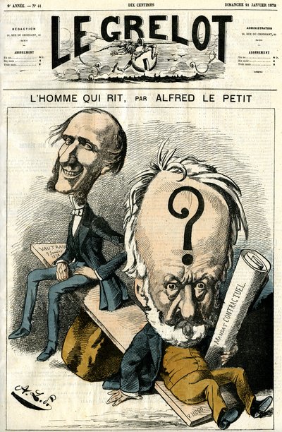 Victor Hugo och Mannen som skrattar. Karikatyr av Alfred Le Petit