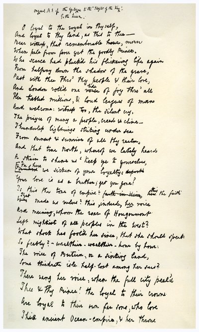 Originalmanuskript av epilogen till kungens idyller, c1872. av Alfred Lord Tennyson