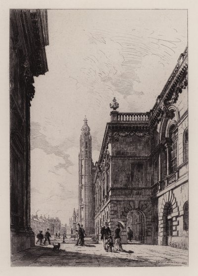 Cambridge: Senatshuset och universitetsbiblioteket (etsning) av Alfred-Louis Brunet-Debaines