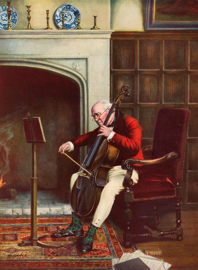 A Difficult Passage - man övar cello framför brasan (färg litho) av Alfred Lyndon Grace