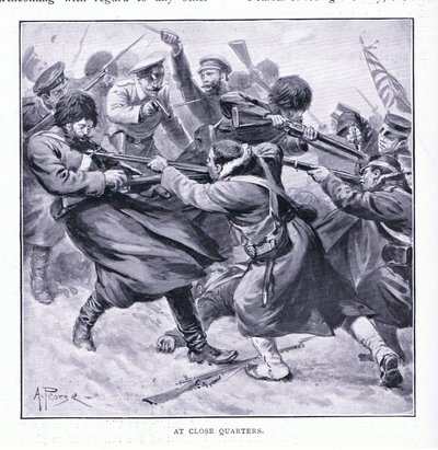 På nära håll, illustration från Cassells History of the Russian-Japanese War Vol 1, c.1900 av Alfred Pearse