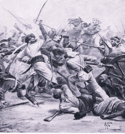 Nicholsons nederlag för rebellerna i Najafgarh, 2 augusti 1857, illustration från brittiska striderna på land och hav, 1915 av Alfred Pearse