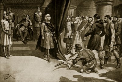 Bönder kastar ner sina plogbillar vid Henry I:s fötter, illustration från 