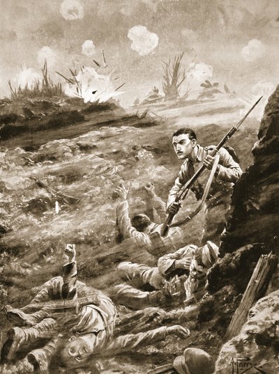 Menig E. Warner håller på egen hand en skyttegrav som hade evakuerats efter en gasattack av Alfred Pearse