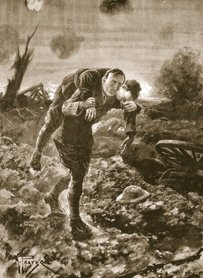 Tillfällig löjtnant G. St. G. S. Cather för in en skadad man i full sikte av fienden och under maskingevär och artillerield av Alfred Pearse