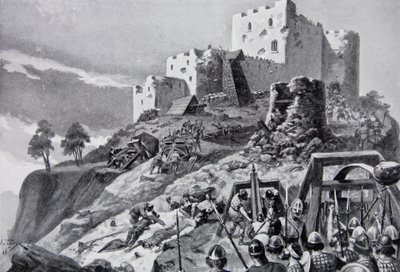 Den walesiska attacken på Montgomery Castle 1095 ledd av Cadwgan ap Bleddyn, Prince of Powys, illustration från 