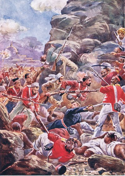 Belägringen av Delhi: Storming the breach, illustration från British Battles on Land and Sea, 1915 av Alfred Pearse