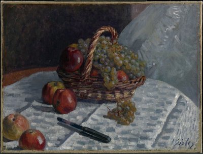 Äpplen och druvor i en korg av Alfred Sisley