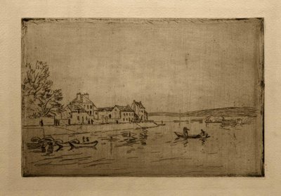 Banks of the Loing: De sex förtöjda kanoterna av Alfred Sisley