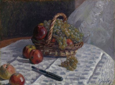 Äpplen och vindruvor i en korg. Omkring 1880-81 av Alfred Sisley