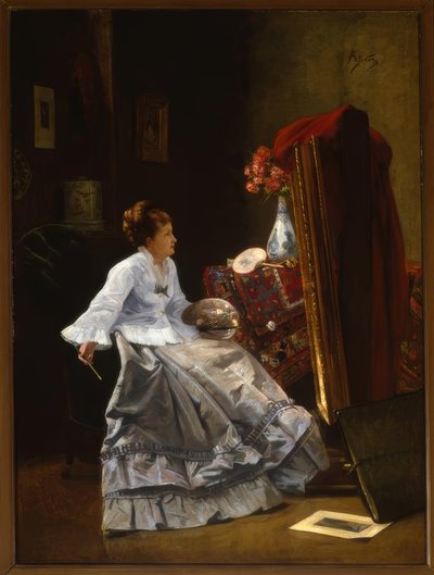 Tillskriven A.Stevens, Lady at her Staffli / Målning av Alfred Emile Stevens