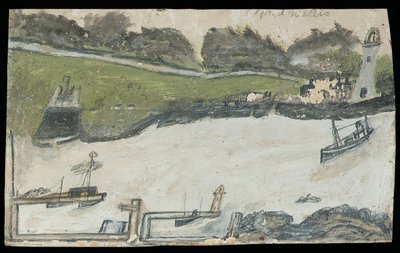 Hamnscen med slott och fyr (penna och olja på kort) av Alfred Wallis