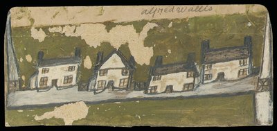 Rad med fyra stugor (olja & penna på kort) av Alfred Wallis