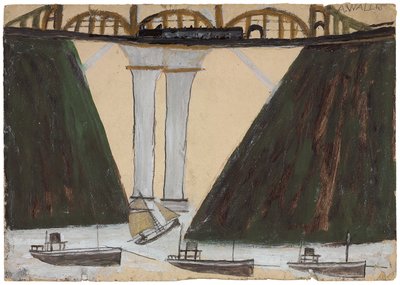 Saltash Bridge, ca. 1930 (penna och olja på kort) av Alfred Wallis