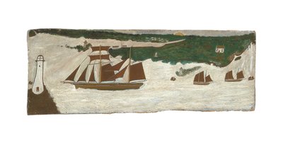 Skonare som passerar en fyr, ca 1855-1942 (olja på pannå) av Alfred Wallis