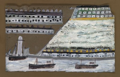 Skepp och fyr, hus (penna och olja på papper) av Alfred Wallis