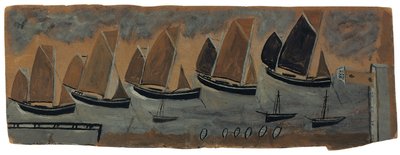 St. Ives hamn med fem segelbåtar (olja och penna ombord) av Alfred Wallis