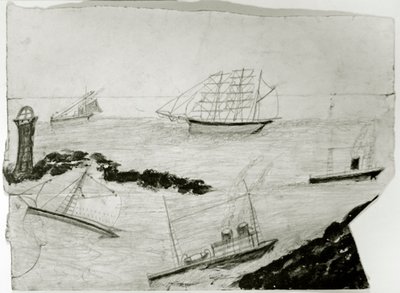 Tre segelfartyg, två ångfartyg och Godrevy Lighthouse, ca 1935-38 (olja & penna på kort) av Alfred Wallis