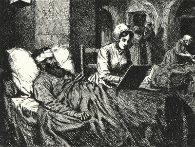 Den engelska sjuksköterskan Florence Nightingale skriver ett brev till en soldat som skadades i Krimkriget på sjukhuset i Scutari, 1855 av Alfred Wallis Mills