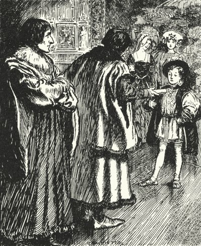 Erasmus tittar på Sir Thomas More som presenterar en dikt han skrivit till den unge prins Henrik, blivande kung Henrik VIII av Alfred Wallis Mills