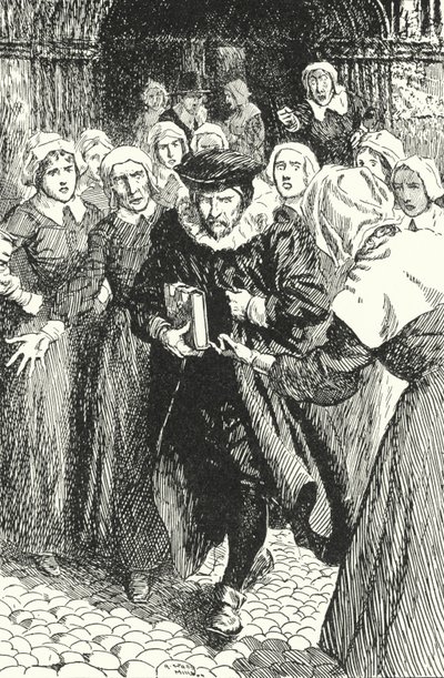 Den skotske prästen William Annand fördömdes av kvinnorna i Edinburgh för att ha predikat från den nya bönboken i St Giles Cathedral, 1637 av Alfred Wallis Mills