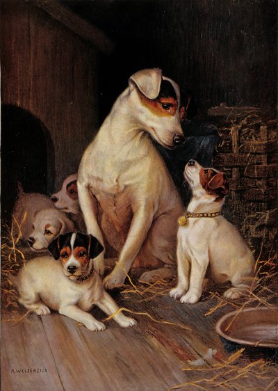 Den lilla flickan och hennes hundar (tryck) av Alfred Weczerzick