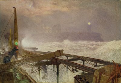 Blue Lights, Teignmouth Pier - Lighting the Lamps at Sunset, 1868 (wc, kroppsfärg och skrapa ut på papper) av Alfred William Hunt