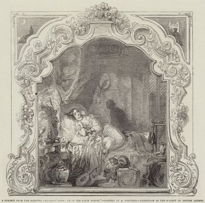 Ett ämne från det sovande palatset, Fairy Princes närmande, utställning av Society of British Artists av Alfred Woolmer