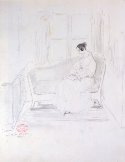 George Sand (1804-76), läser i en soffa bredvid ett fönster, 1833 av Alfred de Musset