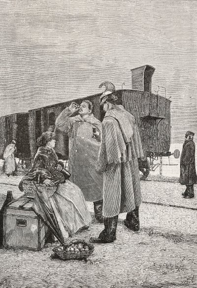 Five Minutes Stop, två män som står vid ett tåg slutar dricka och äta, gravering från en målning av Alfredo Luxoro (1859-1918), från L