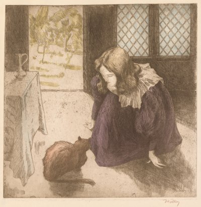 Interiör, liten flicka med katt La Petite fille au chat, 1897. av Alfredo Müller