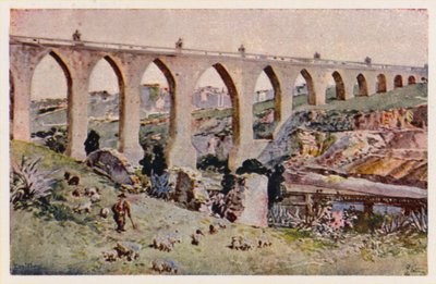 Aques Livres Aqueduct, Lissabon (färglitografi) av Alfredo Roque Gameiro