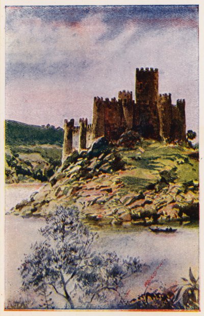 Slottet Almourol, Portugal (färglitografi) av Alfredo Roque Gameiro